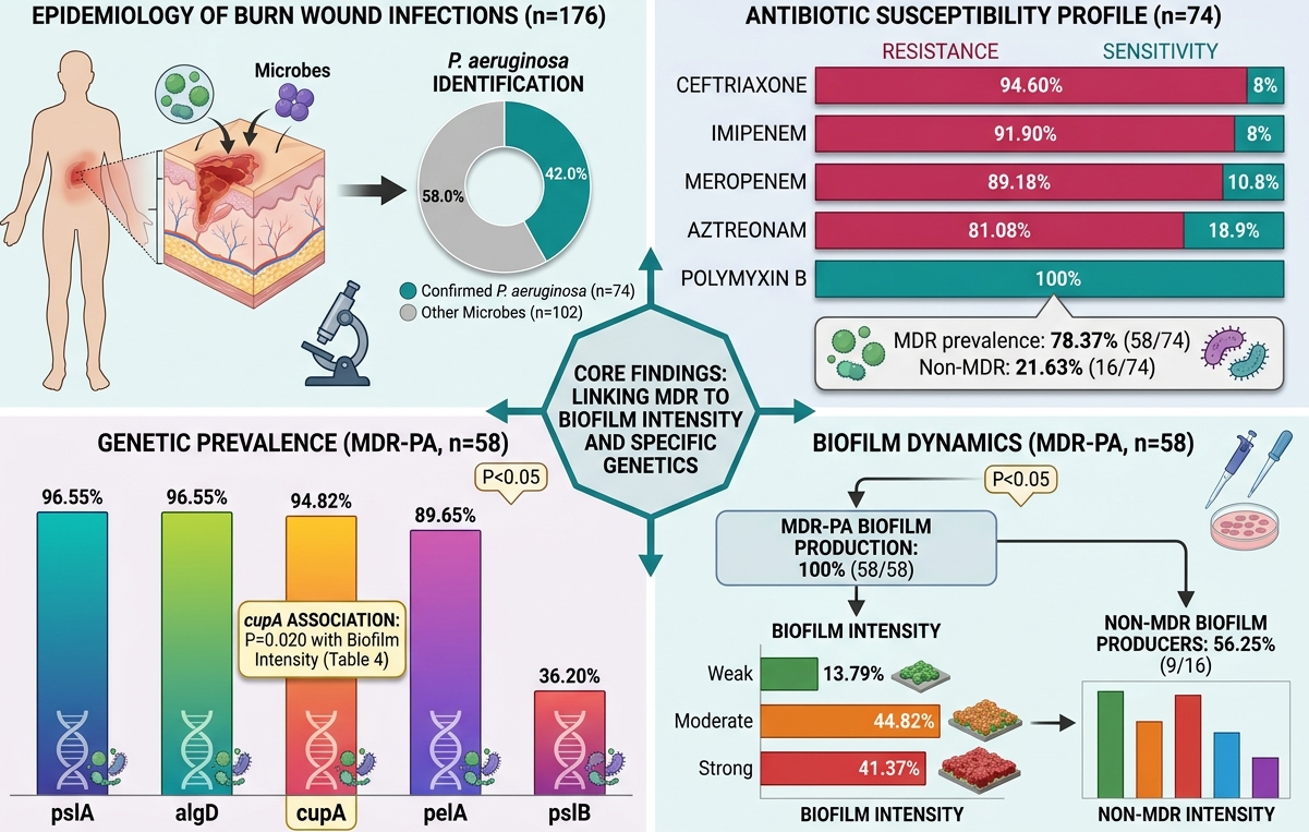 Phenotypic biofilm formation and detection of
biofilm-associated genes in multidrug-resistant Pseudomonas aeruginosa
isolated from burn wounds