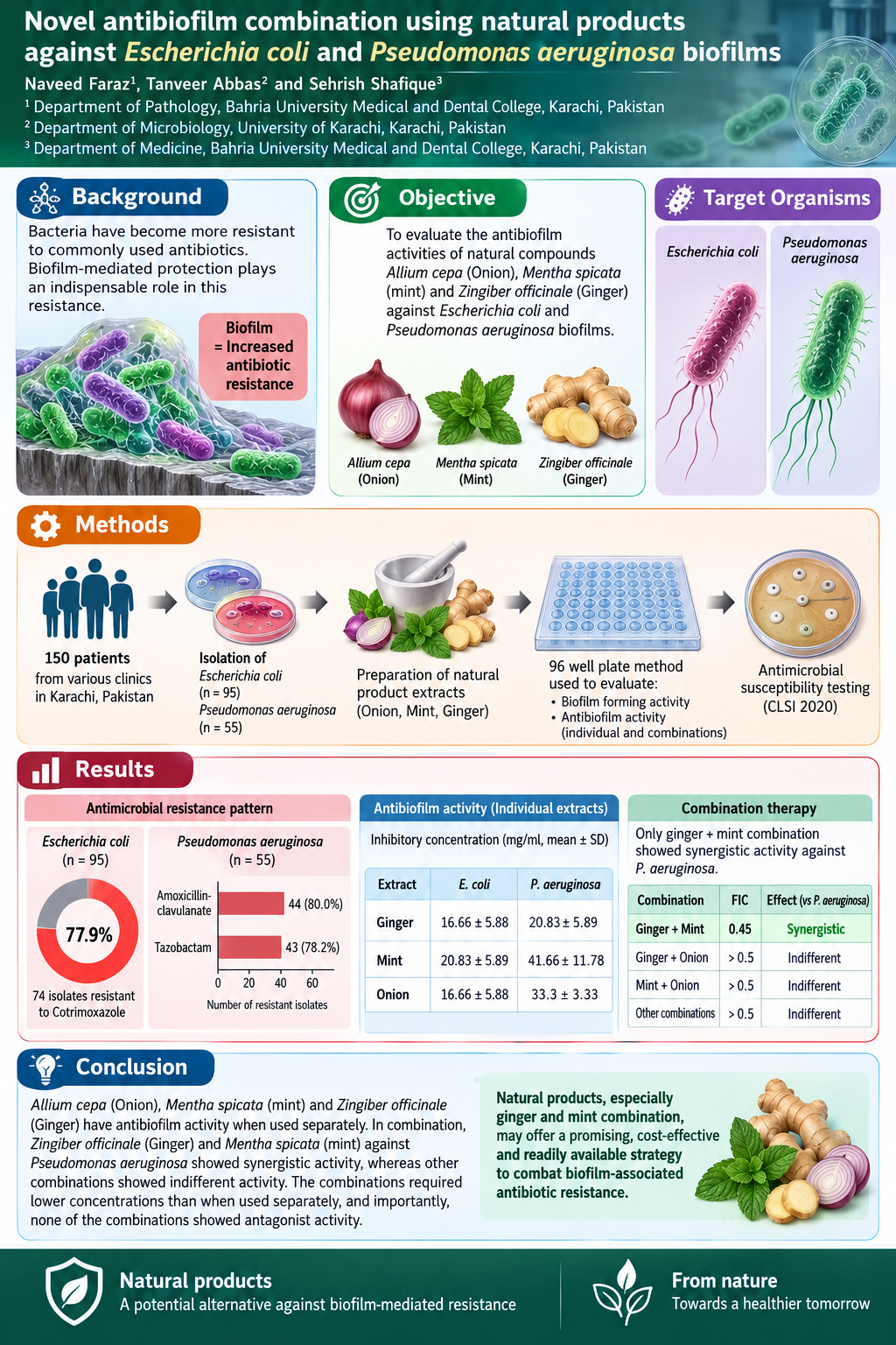 Novel
antibiofilm combination using natural products against Escherichia coli and Pseudomonas aeruginosa biofilms